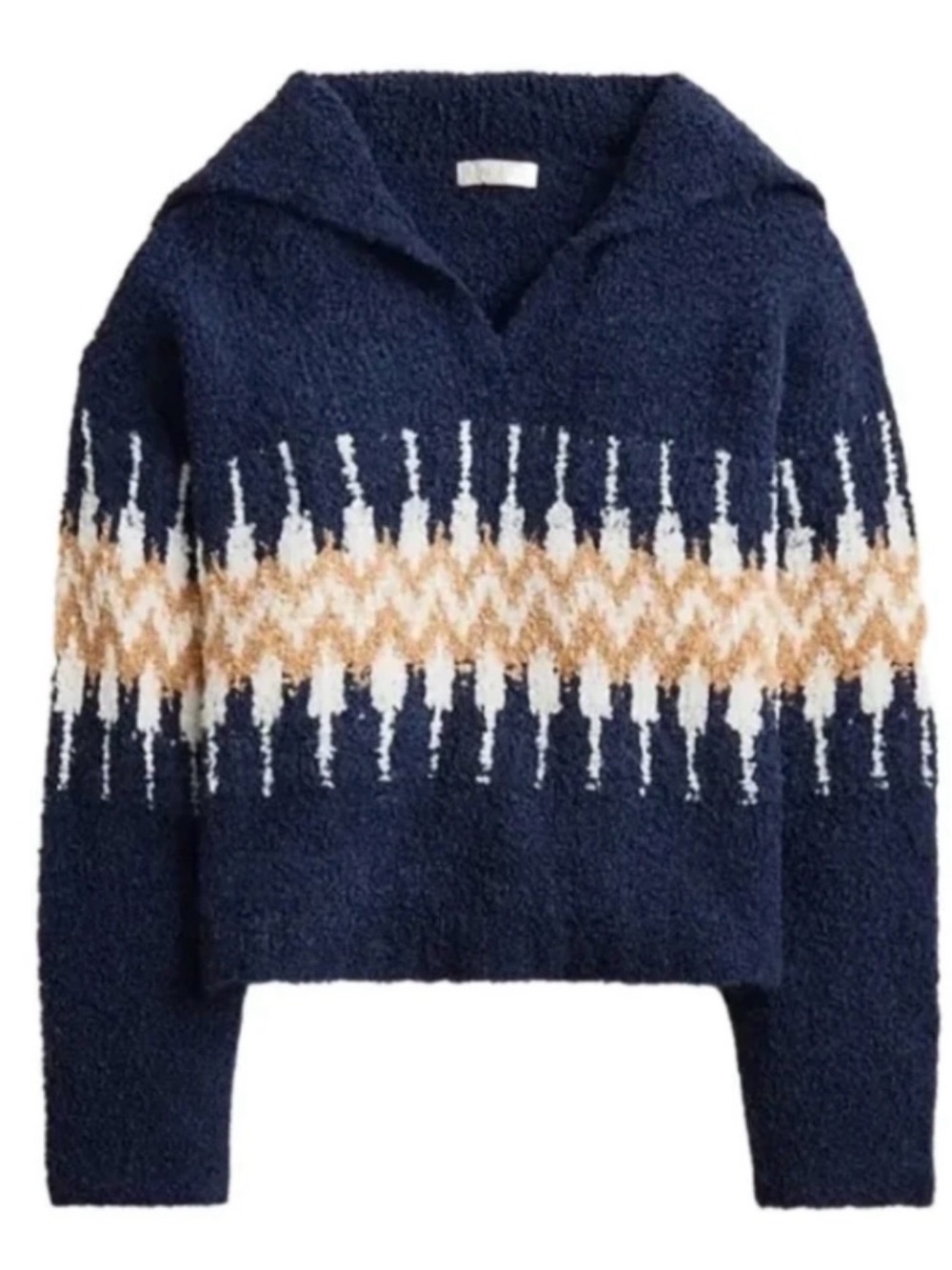 J. Crew Fair Isle Johnny-Collar Sweater in Boucle Yarn Wool Blend Navy Large